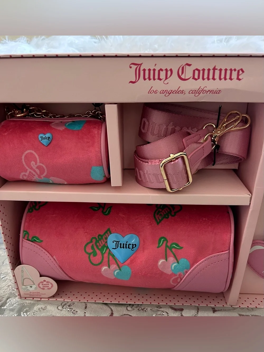 NWT Juicy Couture Mini-Heritage Pink Cherry Logo Strap and Cosmetic Clutch Set